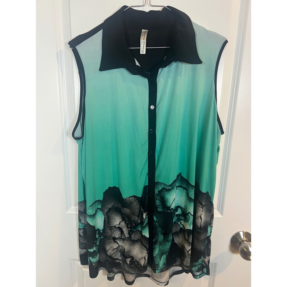 Perception Women Sleeveless‎ Button Down Floral Border Print Teal Black 3X